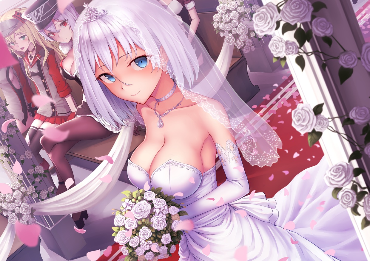 admiral_hipper_(azur_lane), anthropomorphism, azur_lane, blonde_hair, blue_eyes, breasts, cleavage, flowers