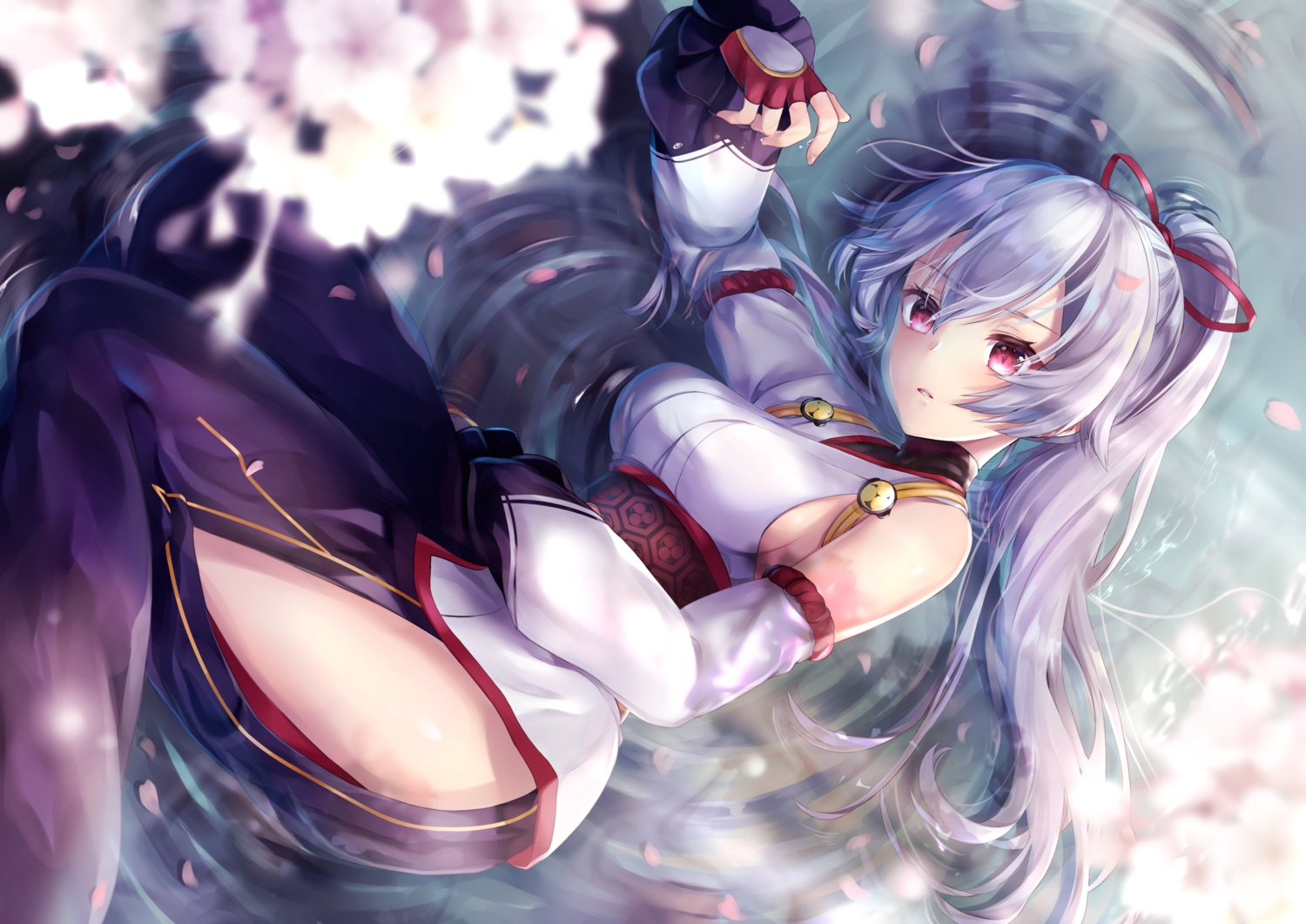 fate/grand_order, fate_(series), hane_yuki, japanese_clothes, ponytail, red_eyes, ribbons, tomoe_gozen