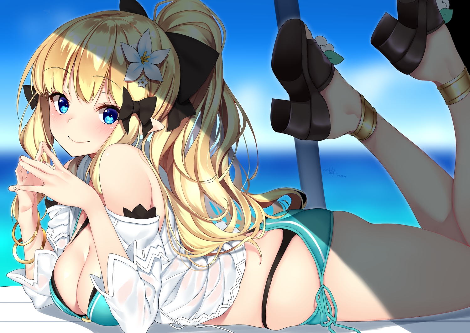 aqua_eyes, ass, bikini, blonde_hair, long_hair, nebu_soku, ponytail, princess_connect!, sasaki_saren, shade, swimsuit, wristwear