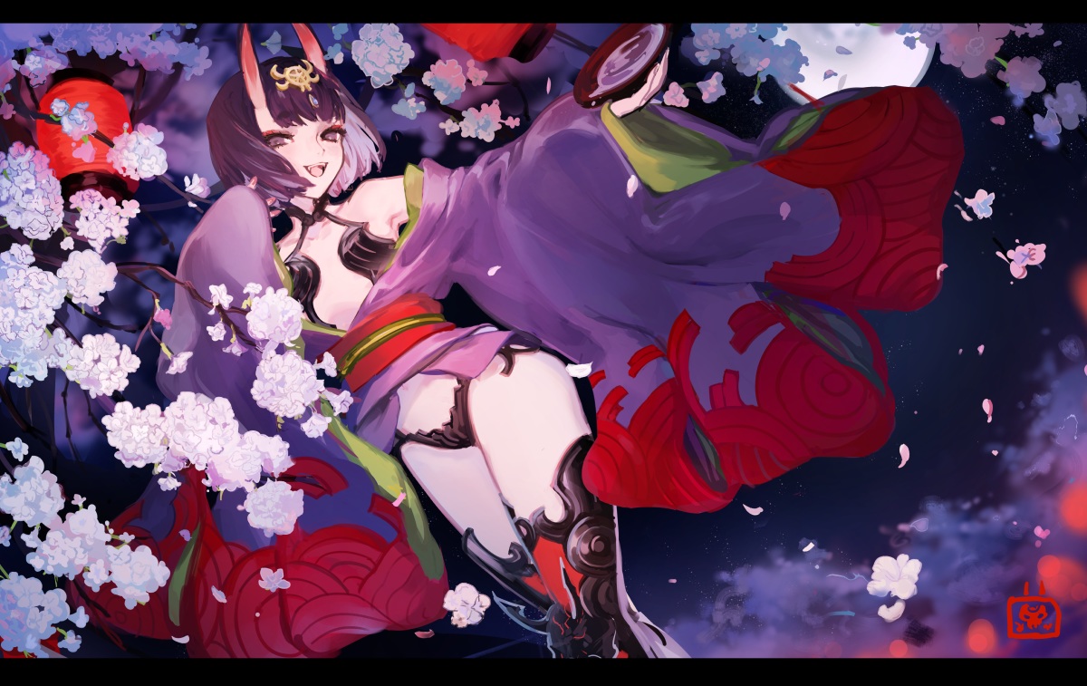 cherry_blossoms, demon, fate/grand_order, fate_(series), flowers, horns, japanese_clothes, k_(sktchblg)