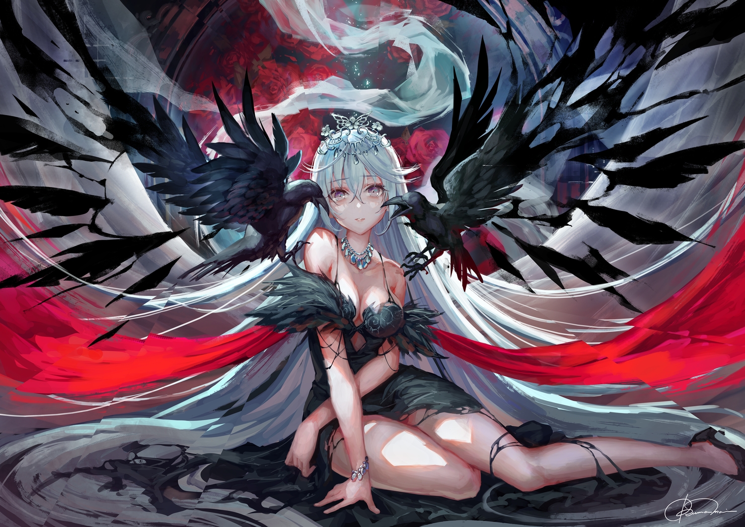animal, bird, breasts, cleavage, dress, gray_eyes, long_hair, okuma_mai, original, signed, tiara, torn_clothes, white_hair, wings, wristwear