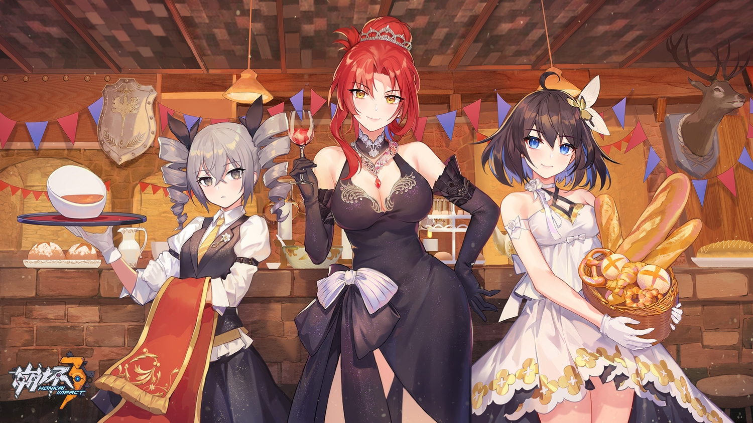 blue_eyes, bow, breasts, bronya_zaychik, brown_hair, cleavage, criin, drink, elbow_gloves, food, gloves, gray_eyes, gray_hair, honkai_impact, honkai_(series), logo, long_hair, murata_himeko, red_hair, seele_vollerei, short_hair, tiara, twintails, waitress, yellow_eyes