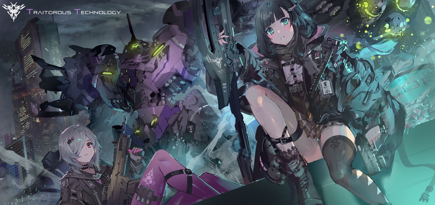 2girls, black_hair, building, choker, city, garter, gray_hair, green_eyes