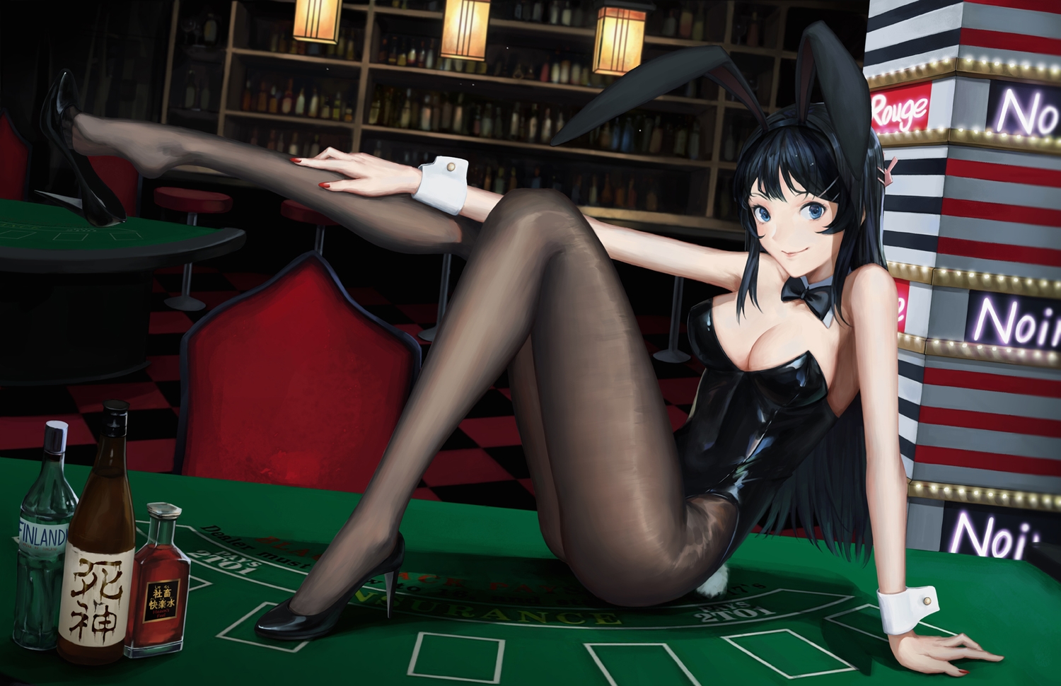animal_ears, black_hair, blue_eyes, breasts, bunny_ears, bunnygirl, cl, cleavage, collar, drink, headband, leotard, long_hair, pantyhose, sakurajima_mai, seishun_buta_yarou, wristwear