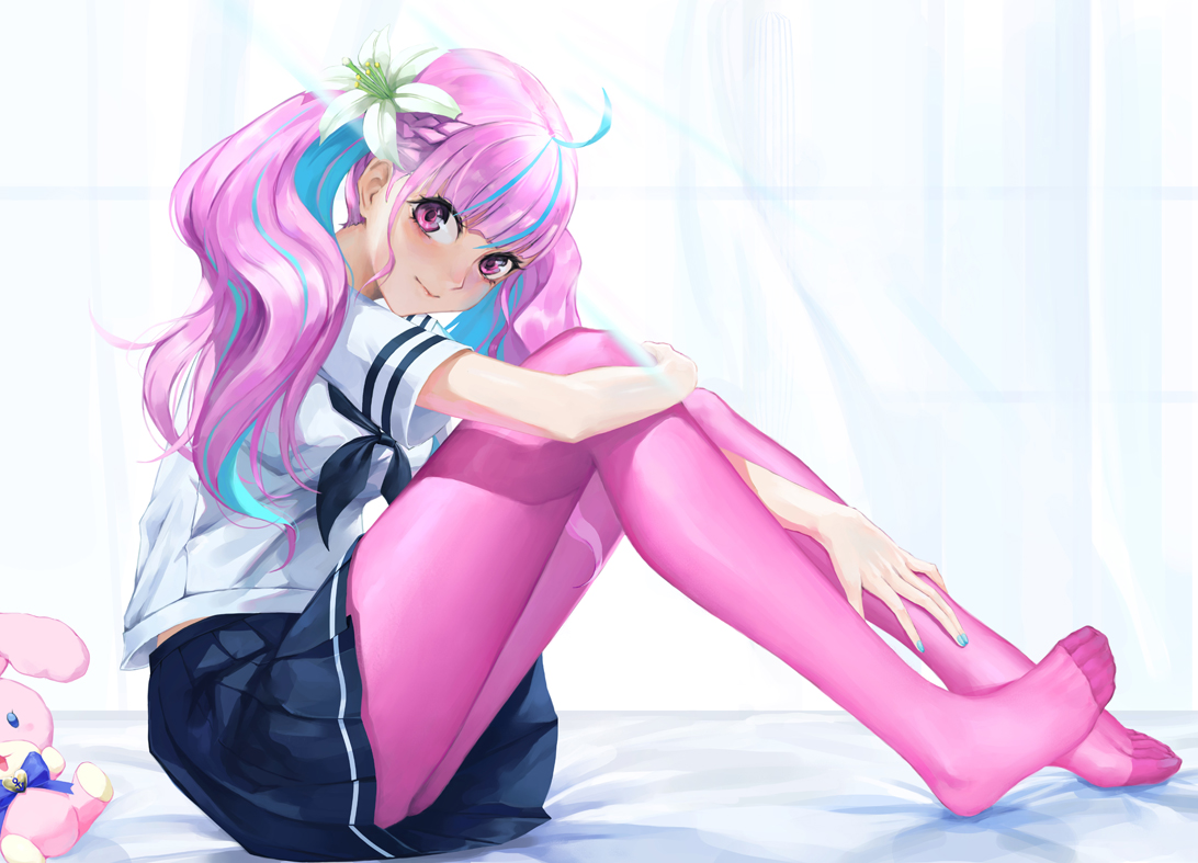 braids, bunny, cl, flowers, hololive, long_hair, minato_aqua, pantyhose, pink_eyes, pink_hair, school_uniform, twintails