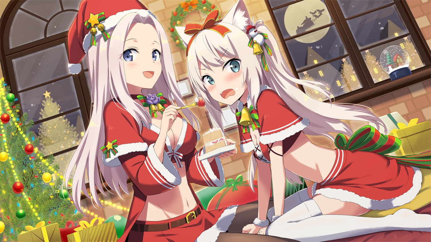 2girls, animal_ears, anthropomorphism, azur_lane, blue_eyes, breasts, cake, catgirl