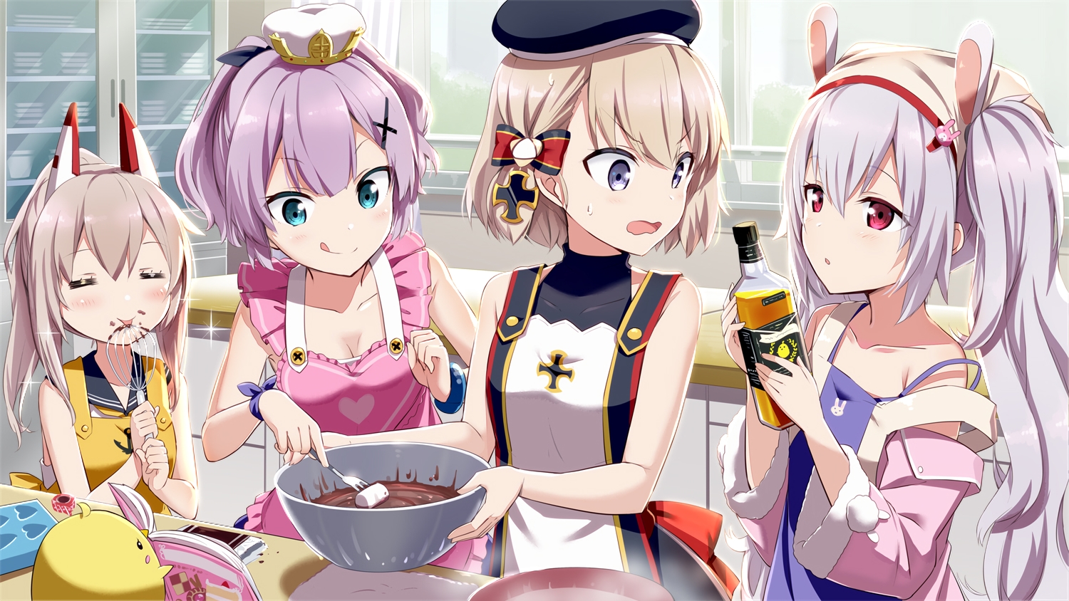 anthropomorphism, apron, ayanami_(azur_lane), azur_lane, chocolate, food, gotyou, group