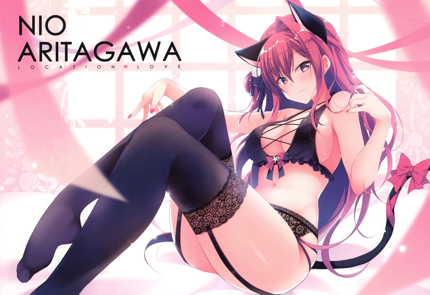 animal_ears, aritagawa_nio, bow, breasts, catgirl, cleavage, garter_belt, loca_love_-_dousei_x_kouhai