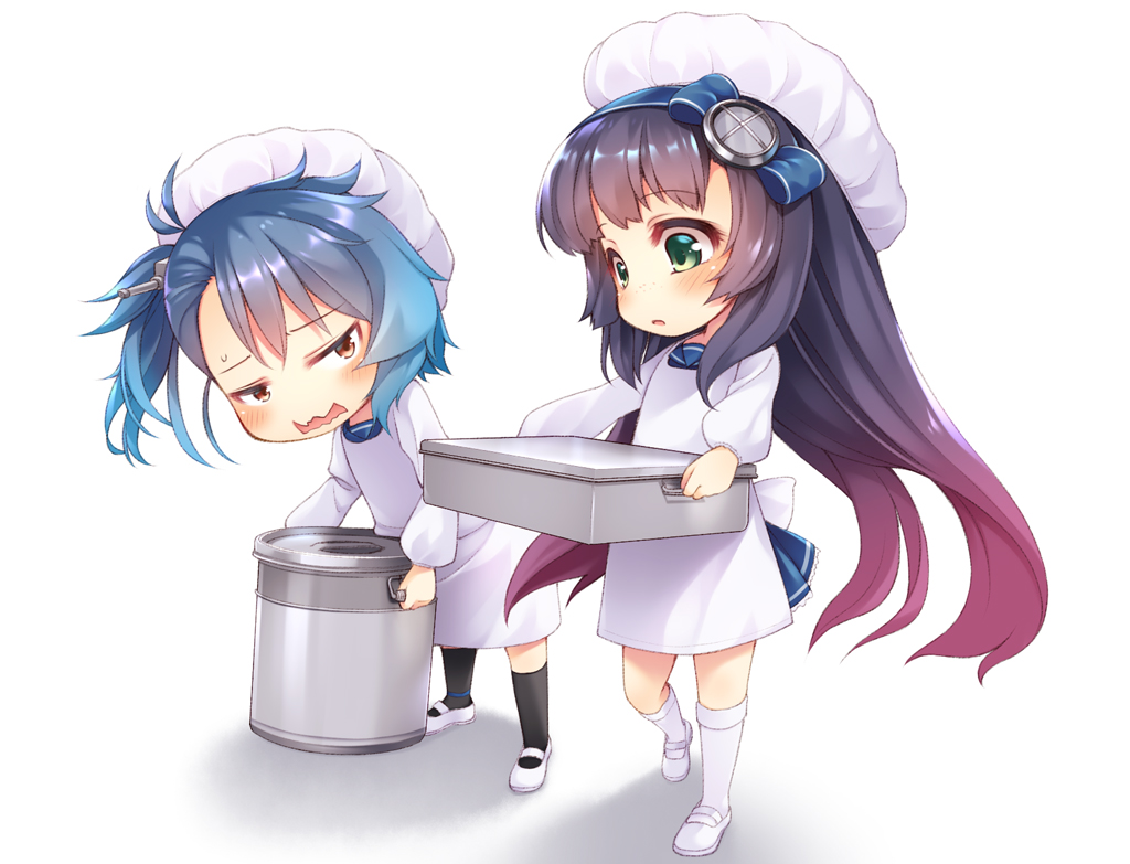 2girls, anthropomorphism, apron, blue_hair, blush, brown_eyes, fukae_(kancolle), green_eyes