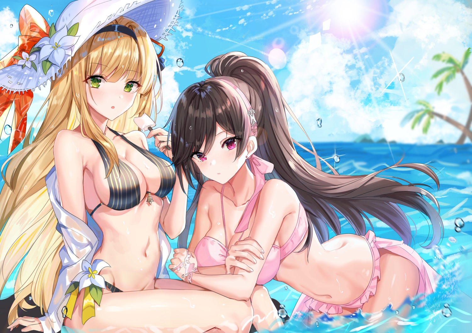 2girls, bikini, blonde_hair, breasts, brown_hair, cleavage, clouds, final_gear, green_eyes, hat, headband, long_hair, pink_eyes, ponytail, shanguier, sky, swimsuit, tagme_(character), taysia_graft, water