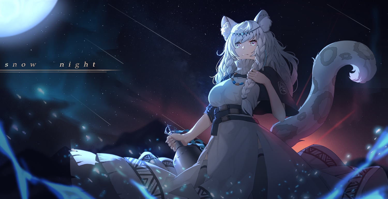 animal_ears, arknights, bell, braids, catgirl, dress, gray_eyes, headdress