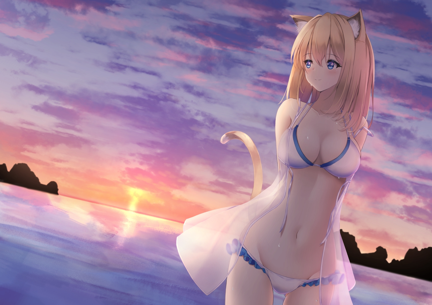 animal_ears, bikini, blonde_hair, blue_eyes, breasts, cleavage, clouds, original, see_through, shi6kurutto, sky, sunset, swimsuit, tail, water