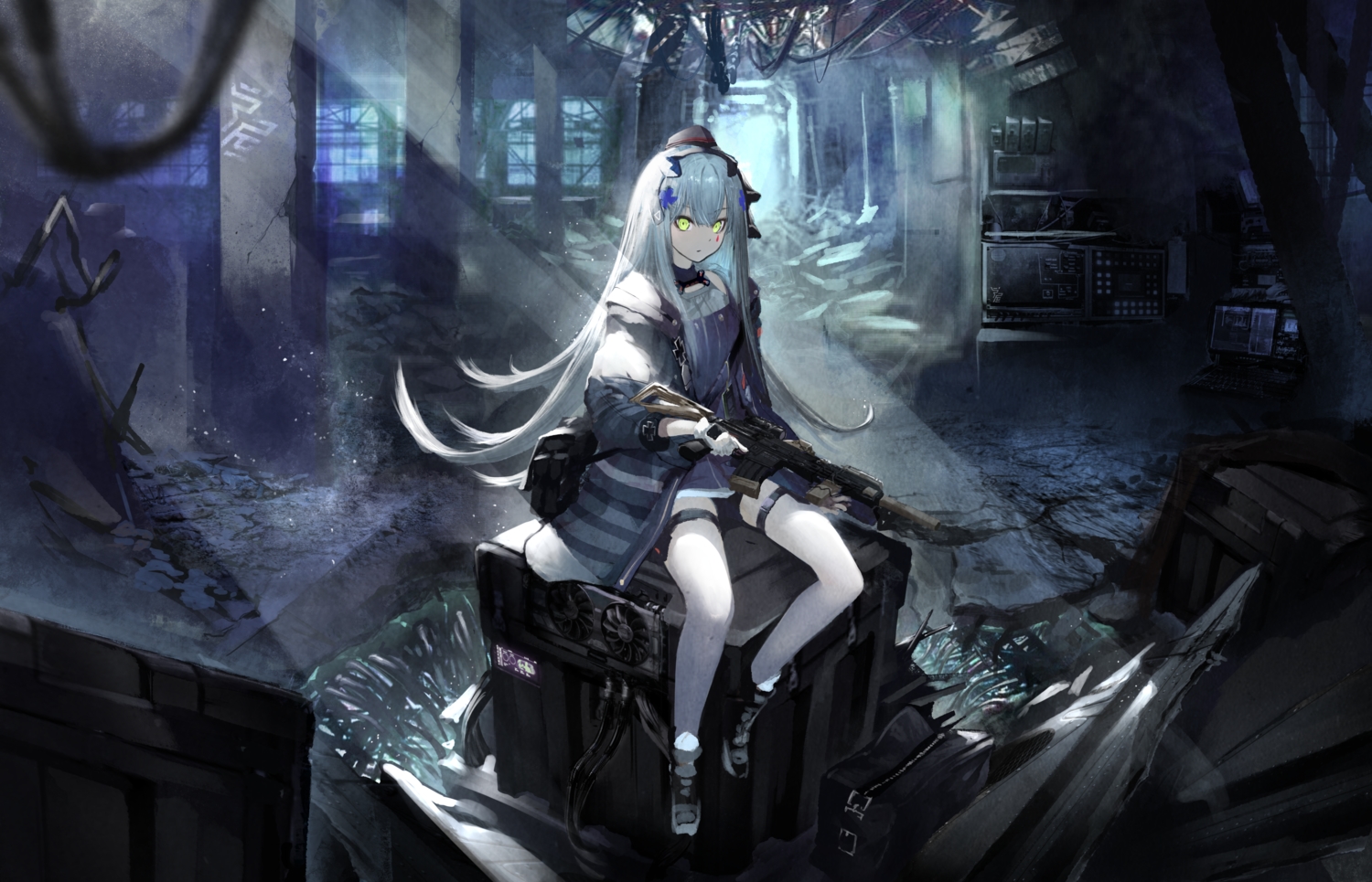aizawa_masaya, anthropomorphism, computer, girls_frontline, gray_hair, green_eyes, gun, hk416_(girls_frontline), long_hair, ruins, scenic, thighhighs, weapon