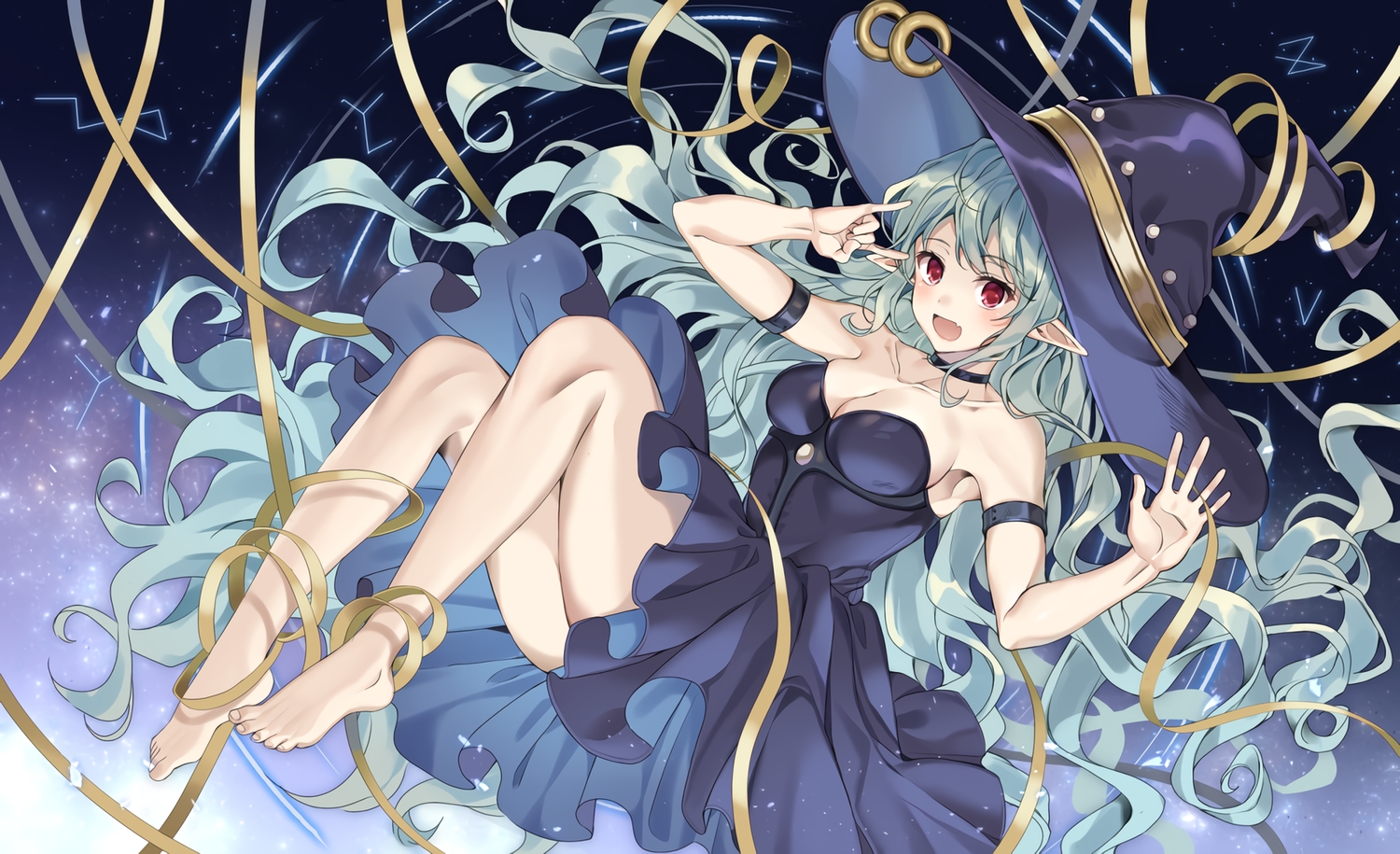 barefoot, blush, breasts, choker, cleavage, dress, fang, gradient