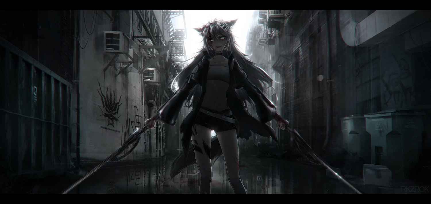animal_ears, arknights, blood, dark, gray_hair, green_eyes, lappland_(arknights), long_hair, polychromatic, rkzrok, sword, tail, watermark, weapon, wolfgirl
