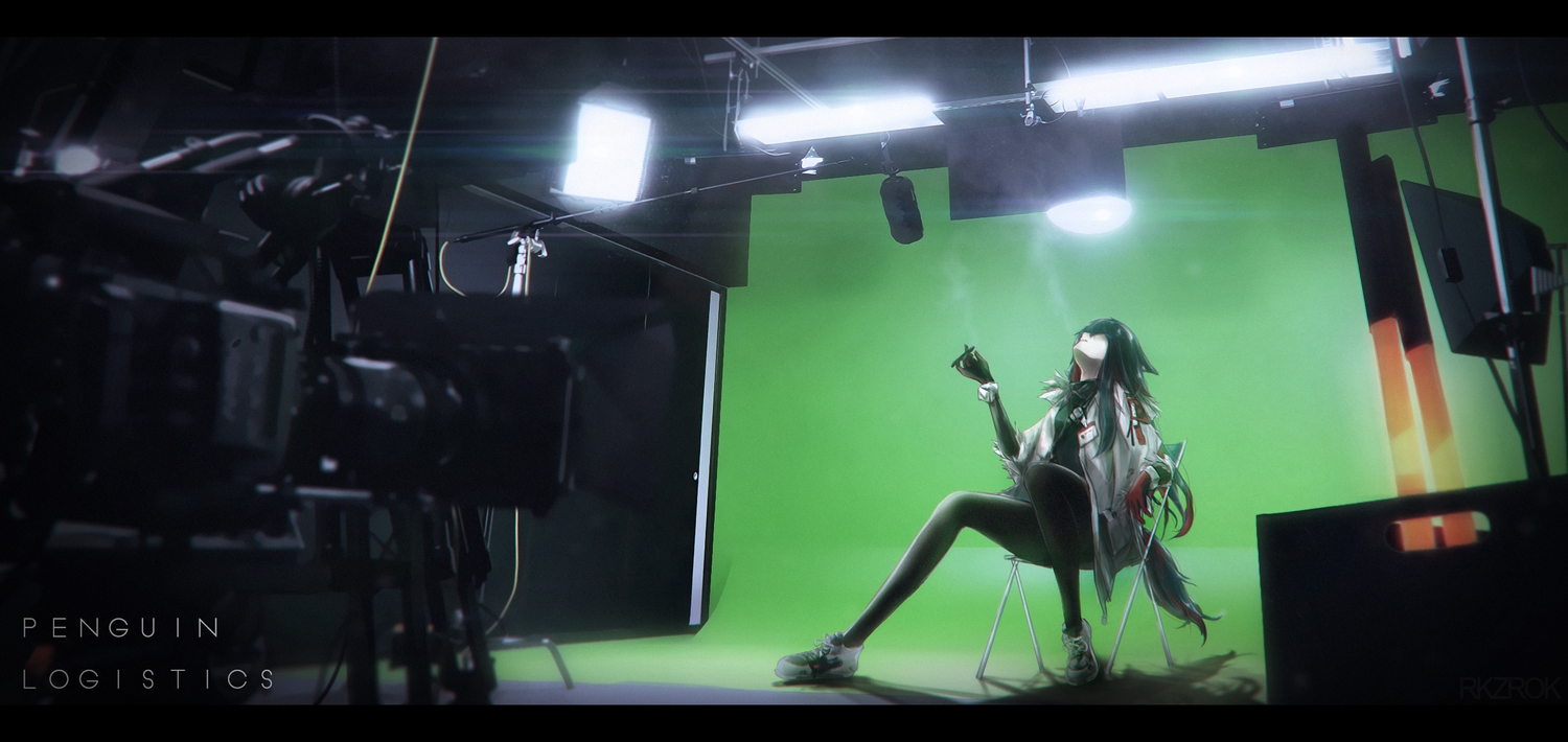 3d, arknights, black_hair, camera, long_hair, rkzrok, smoking, tail, texas_(arknights), watermark, wolfgirl