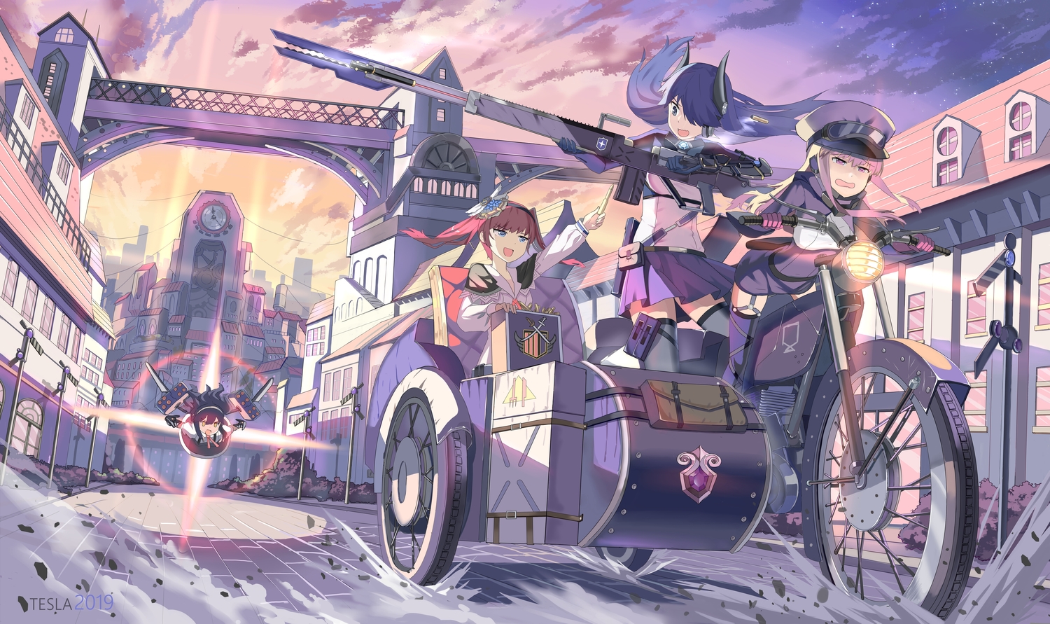 building, group, gun, jpeg_artifacts, motorcycle, original, qihai_lunpo, weapon