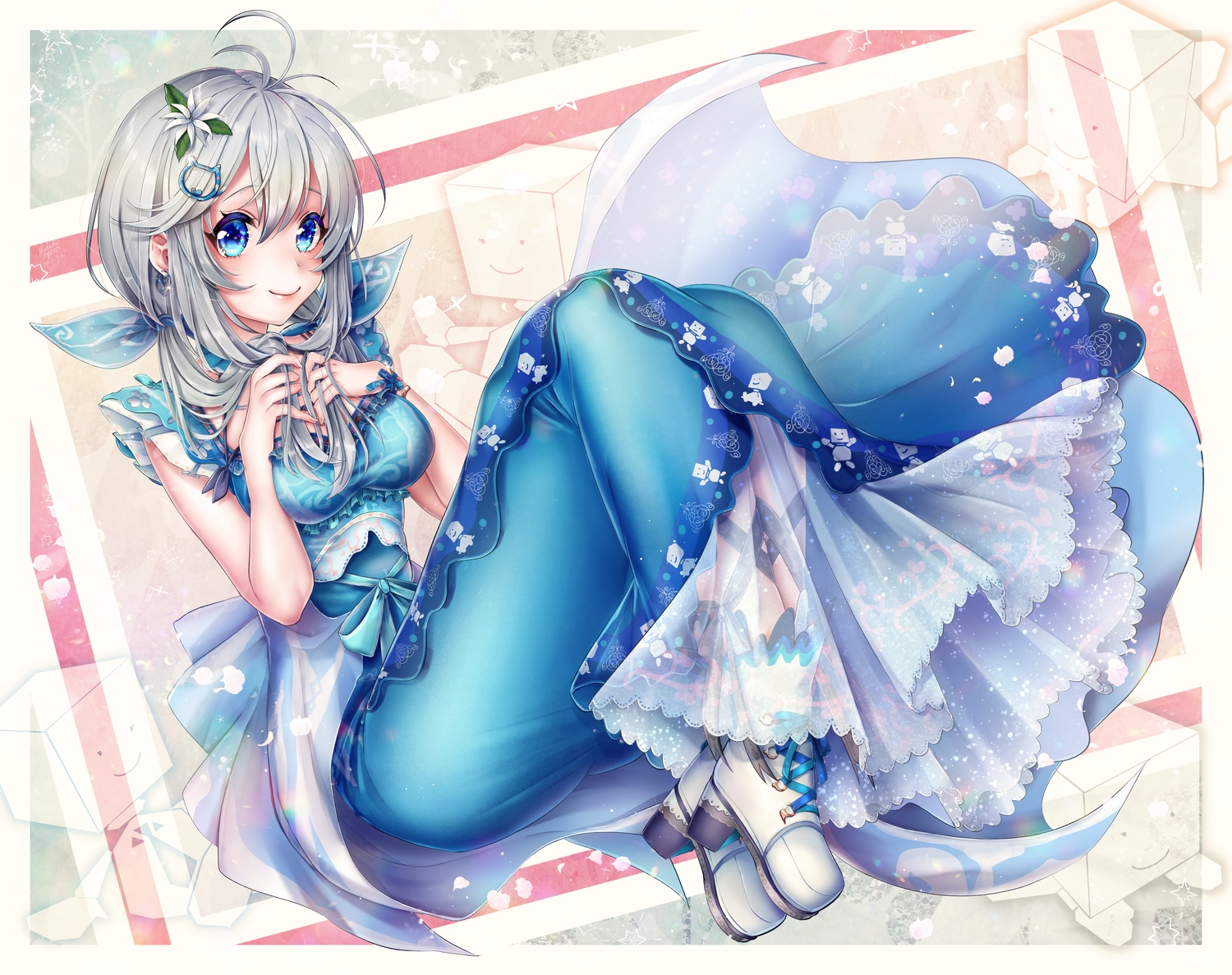 aqua_eyes, dennou_shoujo_youtuber_shiro, dress, flowers, gray_hair, long_hair, shiro_(dennou_shoujo_youtuber_shiro), signed