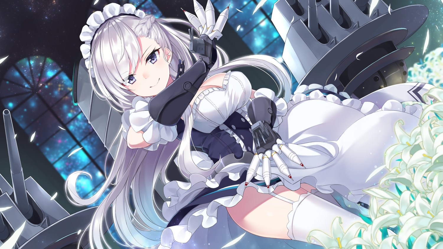 anthropomorphism, azur_lane, belfast_(azur_lane), breasts, cleavage, flowers, garter_belt, maid
