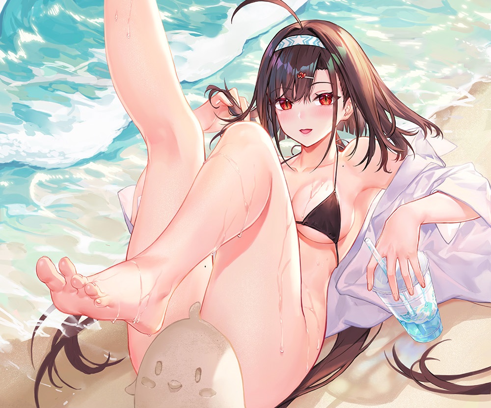anthropomorphism, atdan, azur_lane, barefoot, beach, bikini, blush, breasts