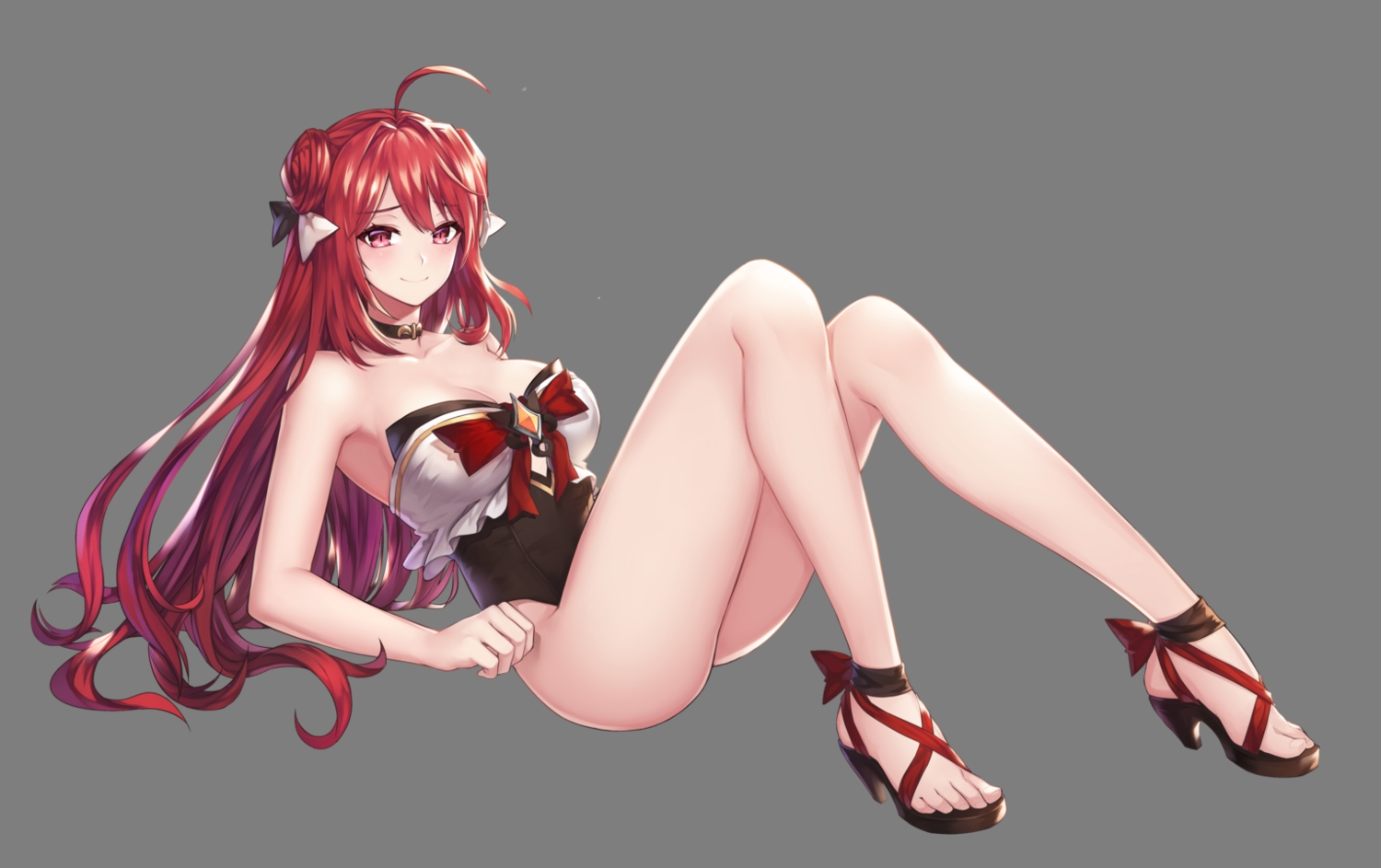 breasts, choker, cleavage, erze_(king's_raid), king's_raid, long_hair, red_eyes, red_hair