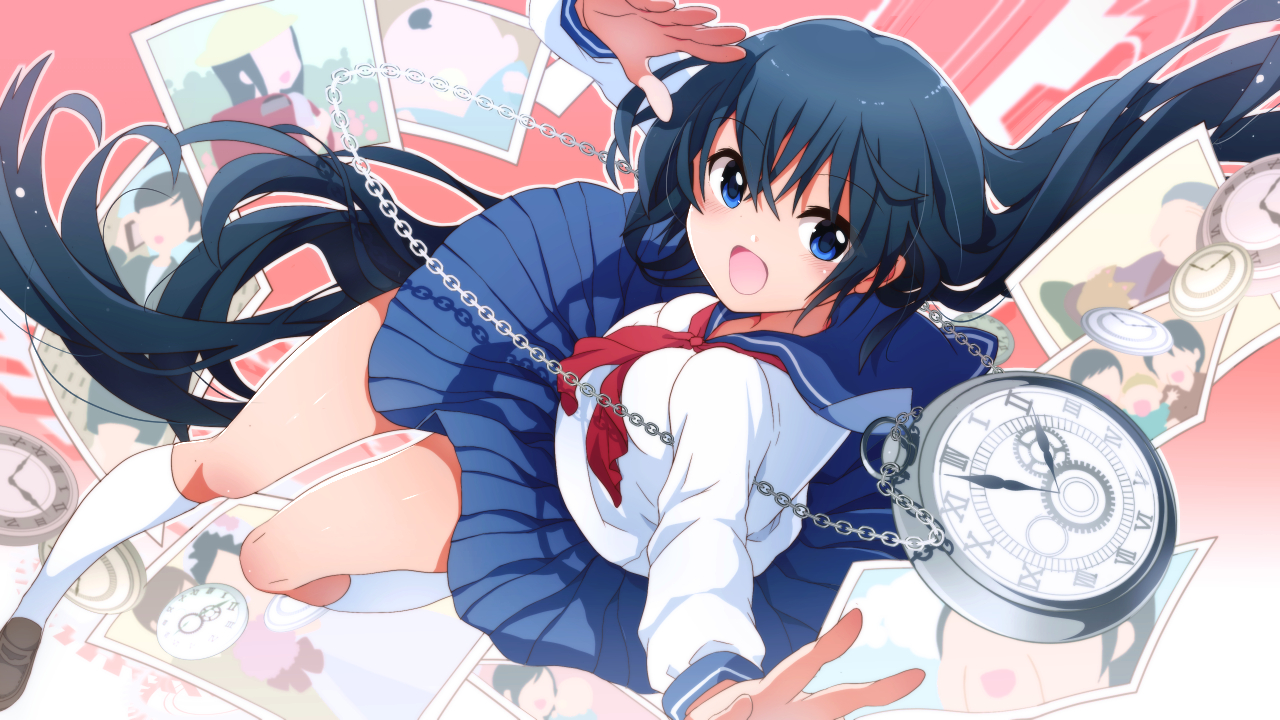 black_hair, blue_eyes, chain, kneehighs, long_hair, minami_mofuko, original, school_uniform