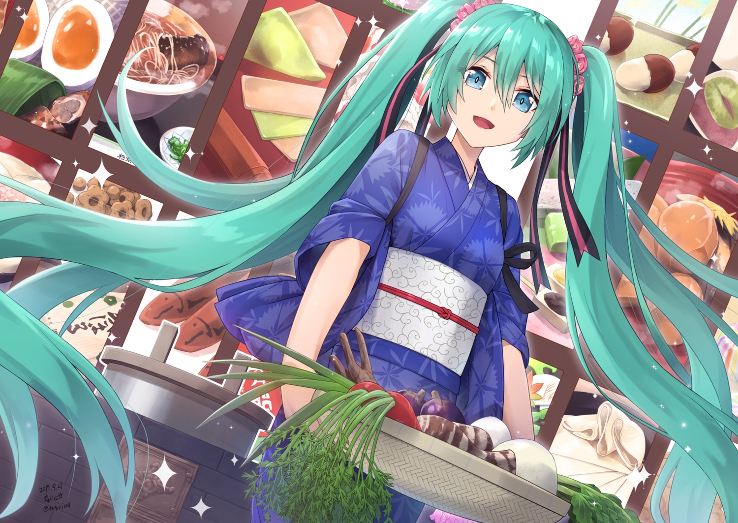 blue_eyes, food, green_hair, hatsune_miku, japanese_clothes, long_hair, sarasa_(kanbi), signed, twintails, vocaloid, yukata