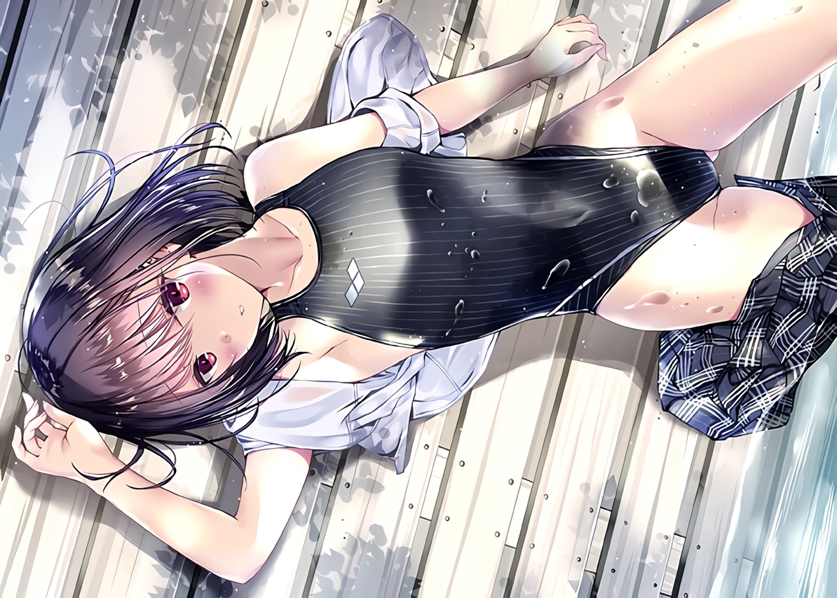blush, kobayashi_chisato, open_shirt, original, purple_hair, red_eyes, short_hair, skirt
