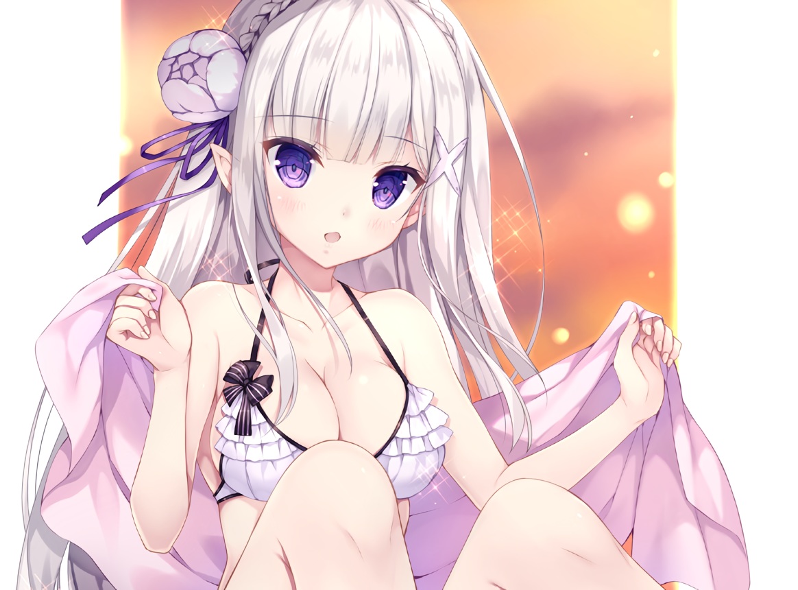 bikini, blush, braids, breasts, cleavage, cropped, emilia_(re:zero), long_hair, mitha, pointed_ears, purple_eyes, re:zero_kara_hajimeru_isekai_seikatsu, swimsuit, towel, waifu2x, white_hair