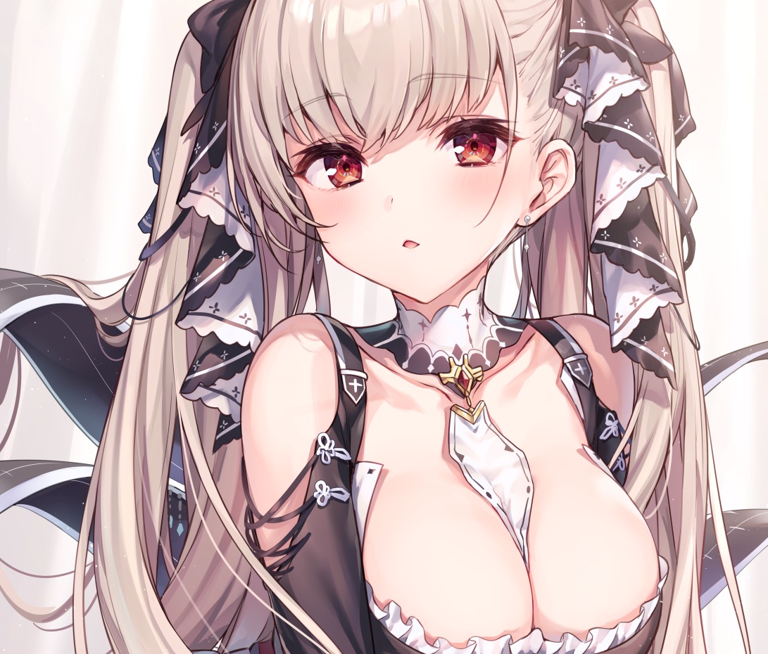 anthropomorphism, azur_lane, blush, bow, breasts, brown_hair, cleavage, cropped