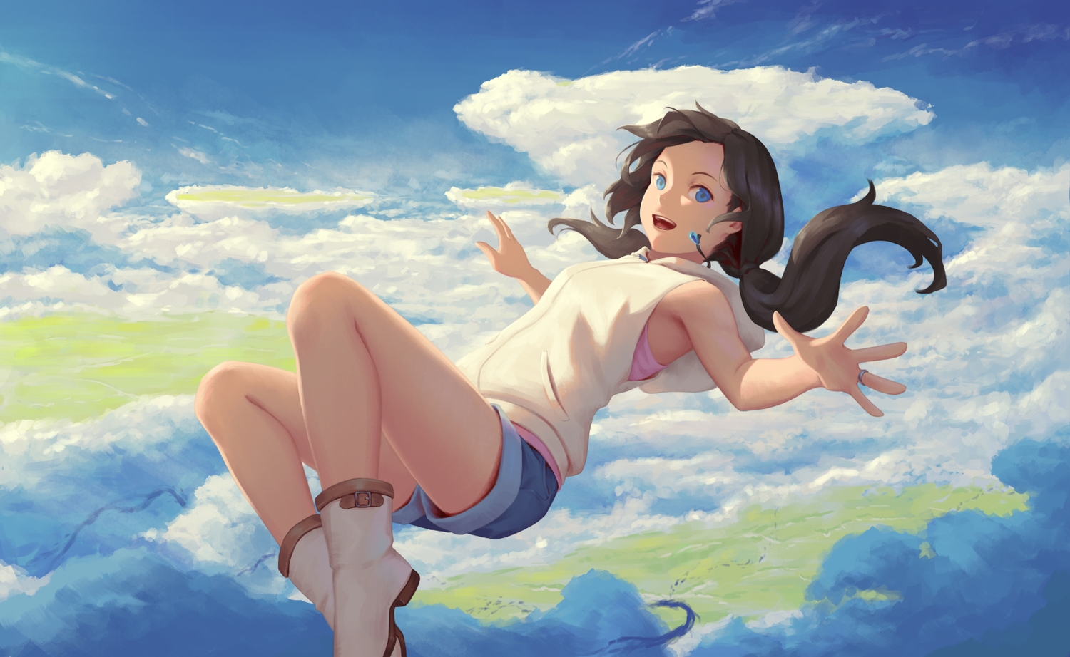 amano_hina, bigrbear, blue_eyes, boots, brown_hair, clouds, shorts, sky, tenki_no_ko, twintails