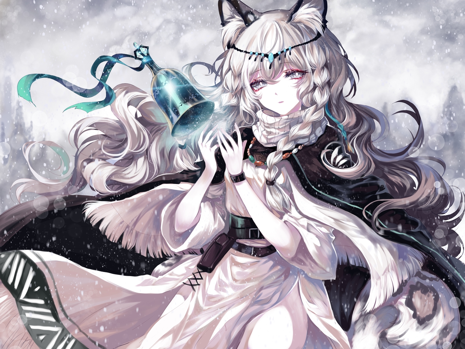 aliasing, animal_ears, arknights, bell, catgirl, clouds, gray_eyes, gray_hair