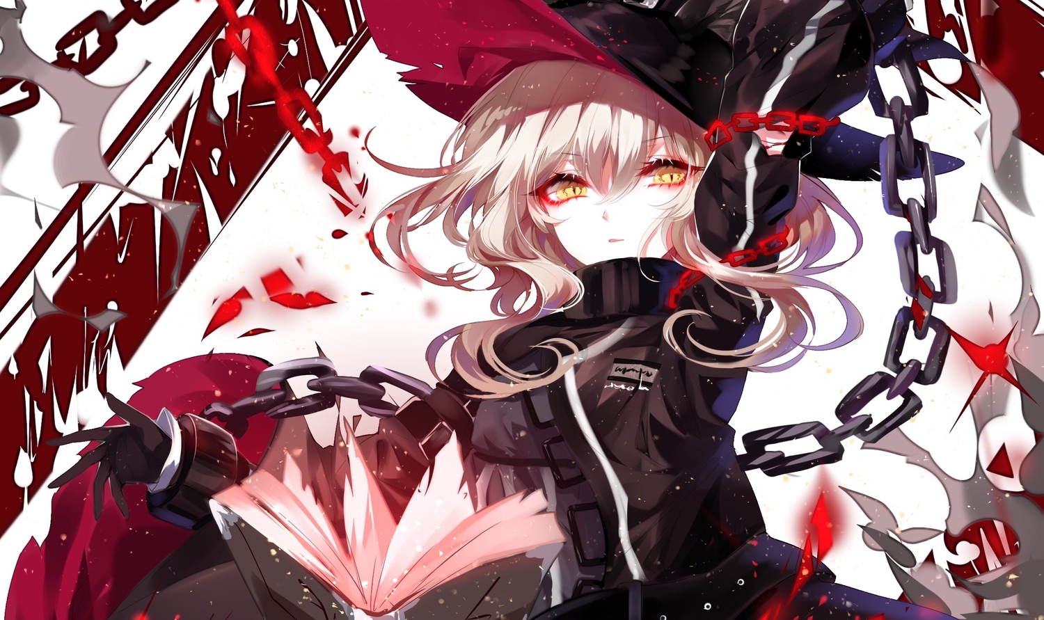 arknights, chain, gray_hair, hat, haze_(arknights), sheya, short_hair, witch, yellow_eyes
