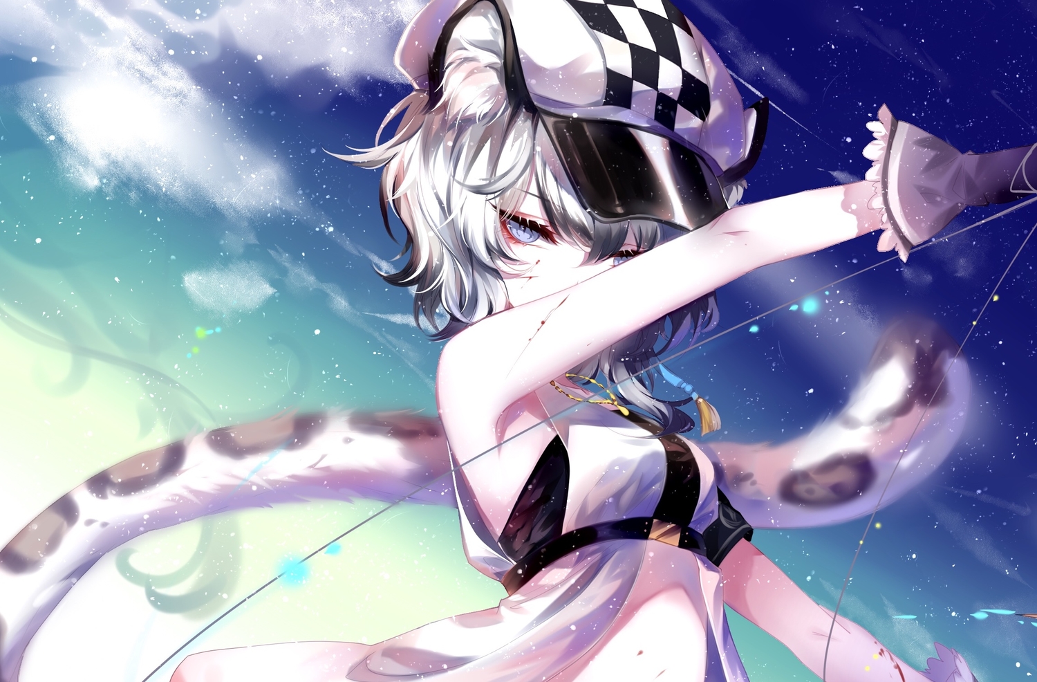 animal_ears, arknights, catgirl, cliffheart_(arknights), gloves, gray_eyes, gray_hair, hat, sheya, sky, tail