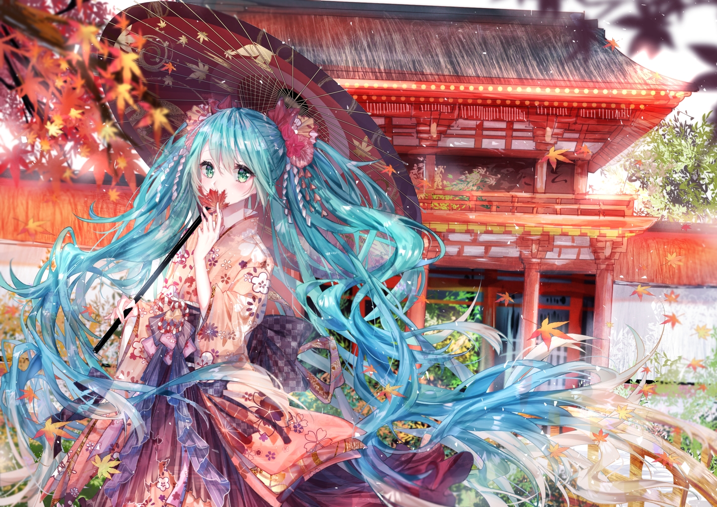 aqua_hair, autumn, green_eyes, hatsune_miku, japanese_clothes, kimono, kity1211_tetsu, leaves, long_hair, twintails, umbrella, vocaloid