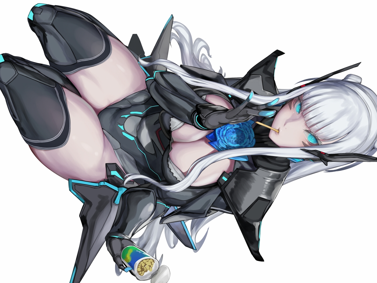 aqua_eyes, armor, bodysuit, breasts, cleavage, elbow_gloves, food, gloves