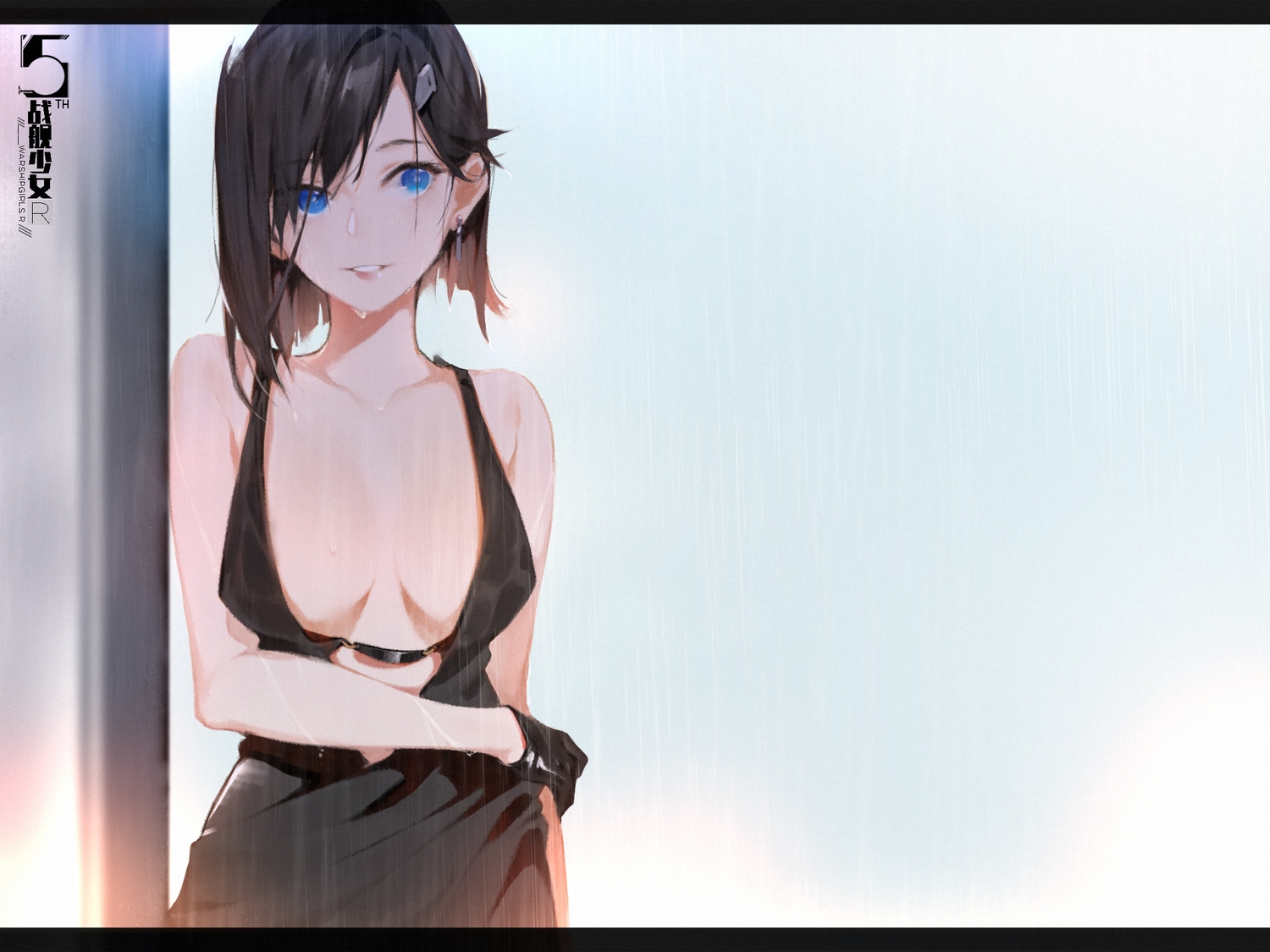 anthropomorphism, black_hair, blue_eyes, breasts, dress, gloves, gradient, haguro_(zhanjian_shaonu)