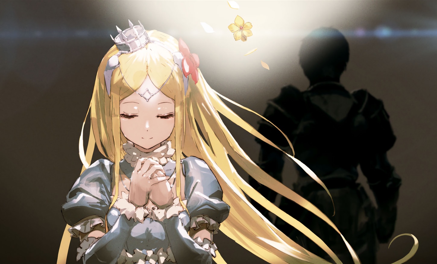 armor, blonde_hair, climb_(overlord), cropped, crown, flowers, gradient, long_hair, male, overlord, petals, renner_theiere_chardelon_ryle_vaiself, so-bin