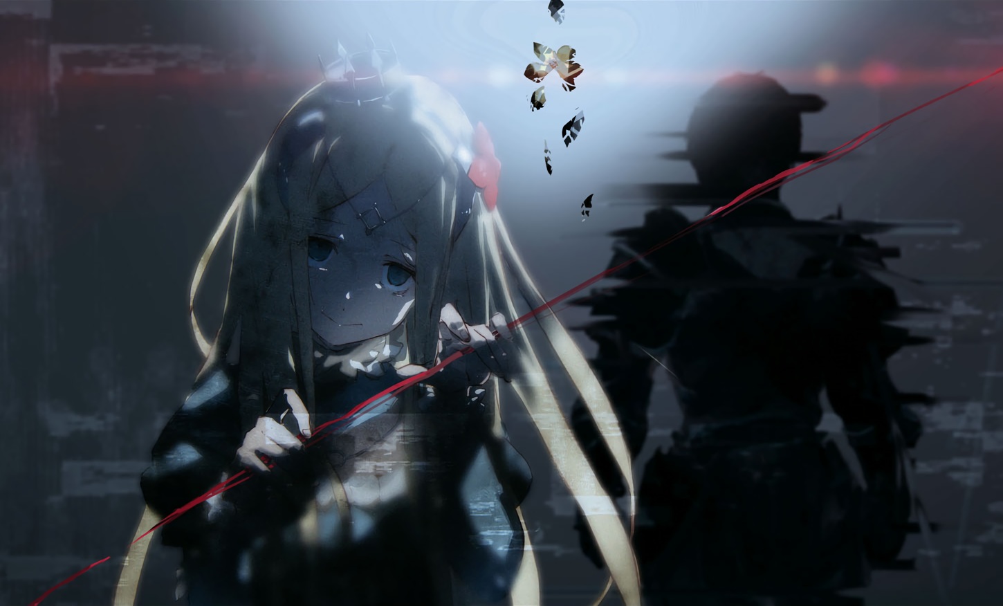 armor, blonde_hair, climb_(overlord), cropped, crown, flowers, gradient, long_hair, male, overlord, petals, renner_theiere_chardelon_ryle_vaiself, so-bin
