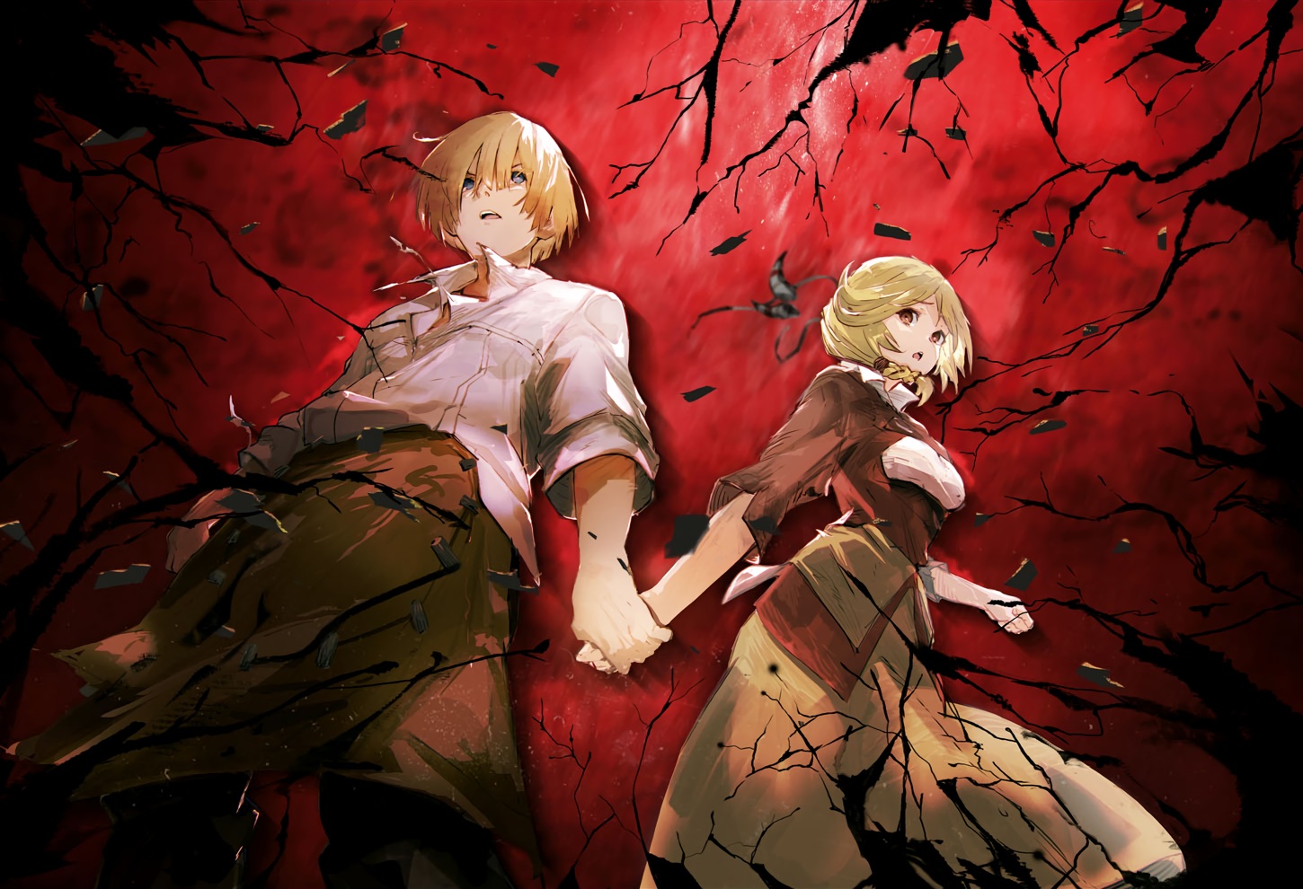 blonde_hair, blue_eyes, braids, brown_eyes, cropped, enri_emmot, male, nfirea_bareare, overlord, red, short_hair, so-bin