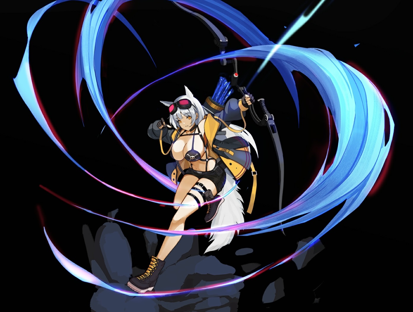 animal_ears, bikini_top, black, boots, bow_(weapon), breasts, cleavage, cropped