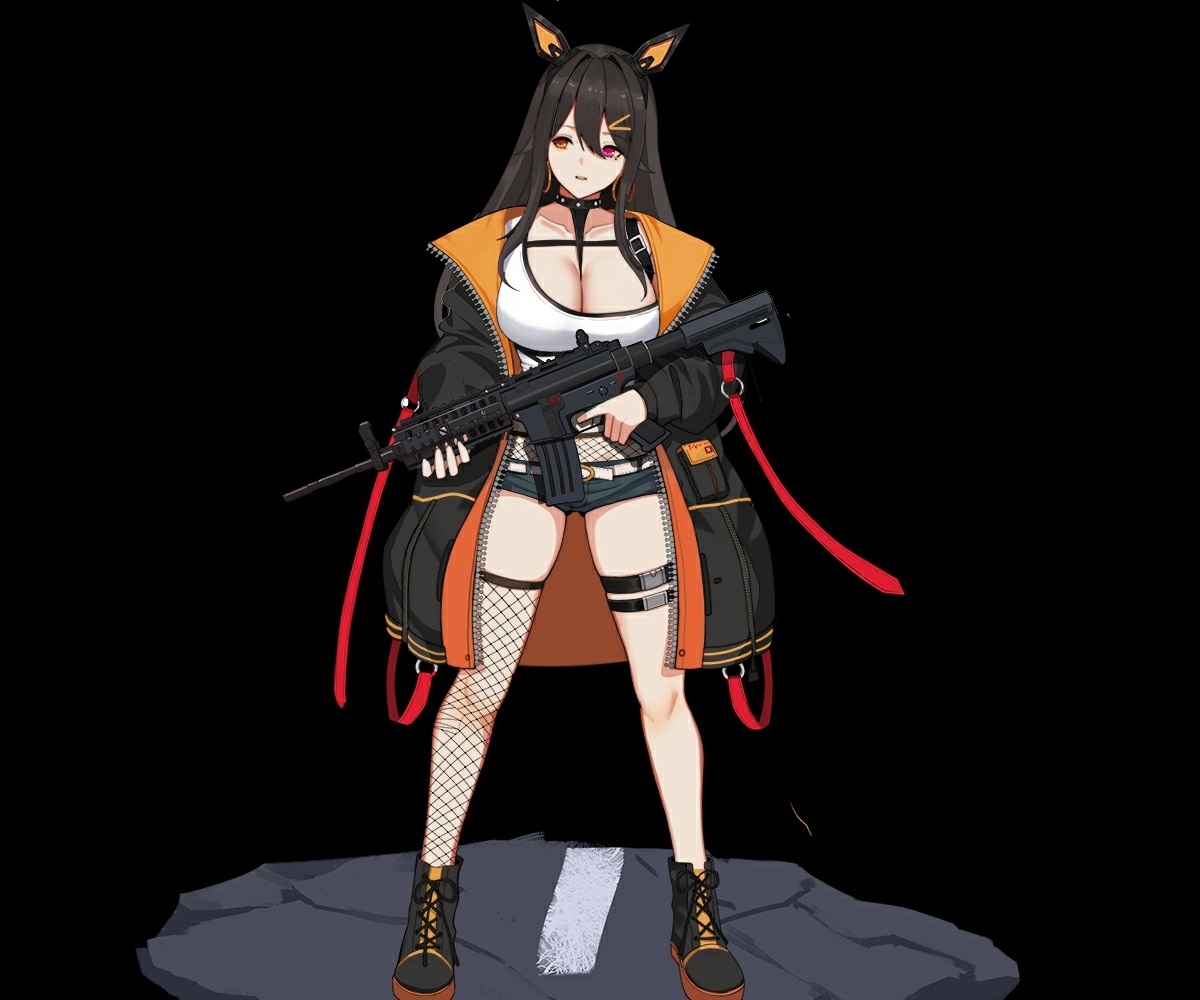animal_ears, bicolored_eyes, black, black_hair, boots, breasts, choker, cleavage