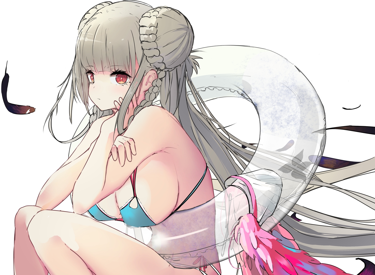 anthropomorphism, azur_lane, bikini, braids, breasts, cleavage, feathers, formidable_(azur_lane), gray_hair, long_hair, red_eyes, swim_ring, swimsuit, ten0309ten