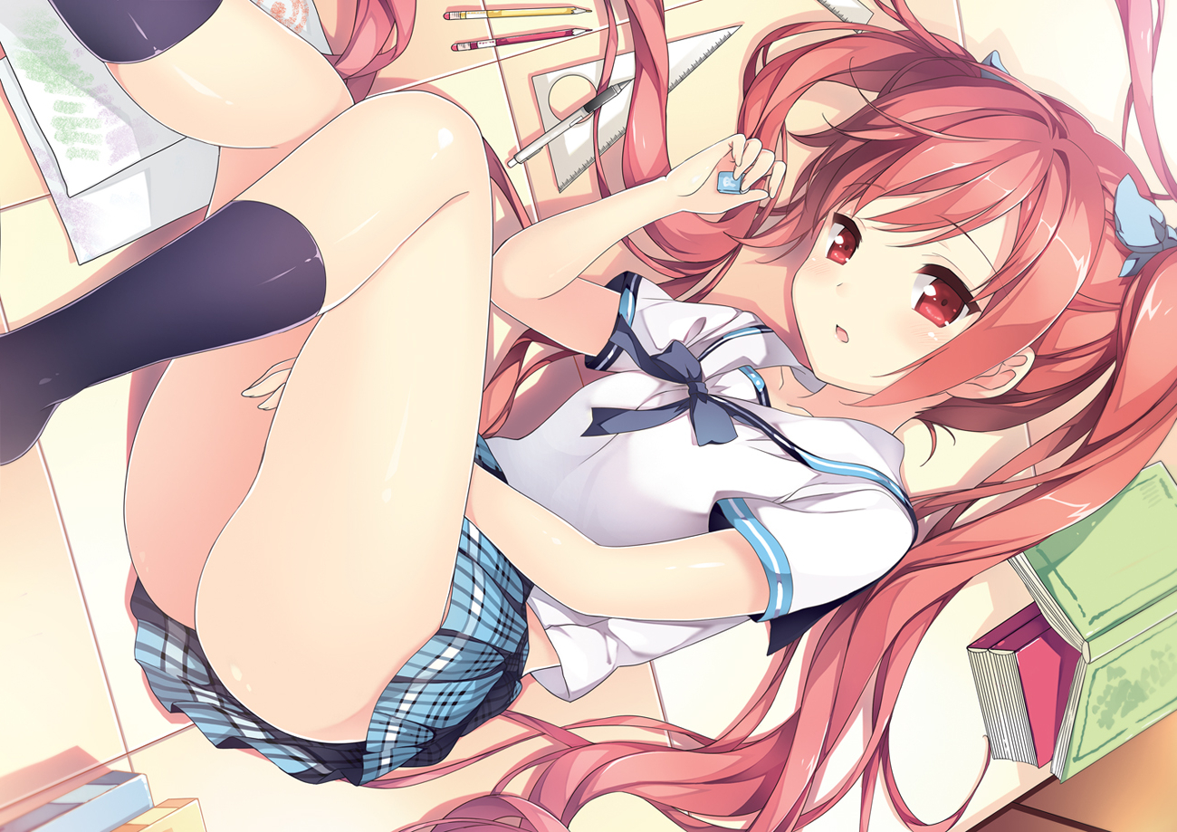 ass, book, chiyingzai, kneehighs, original, red_eyes, red_hair, school_uniform