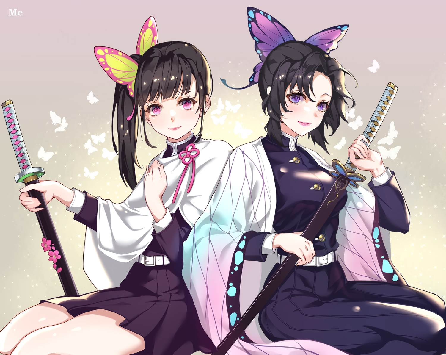 2girls, black_hair, butterfly, cape, gradient, japanese_clothes, katana, kimetsu_no_yaiba