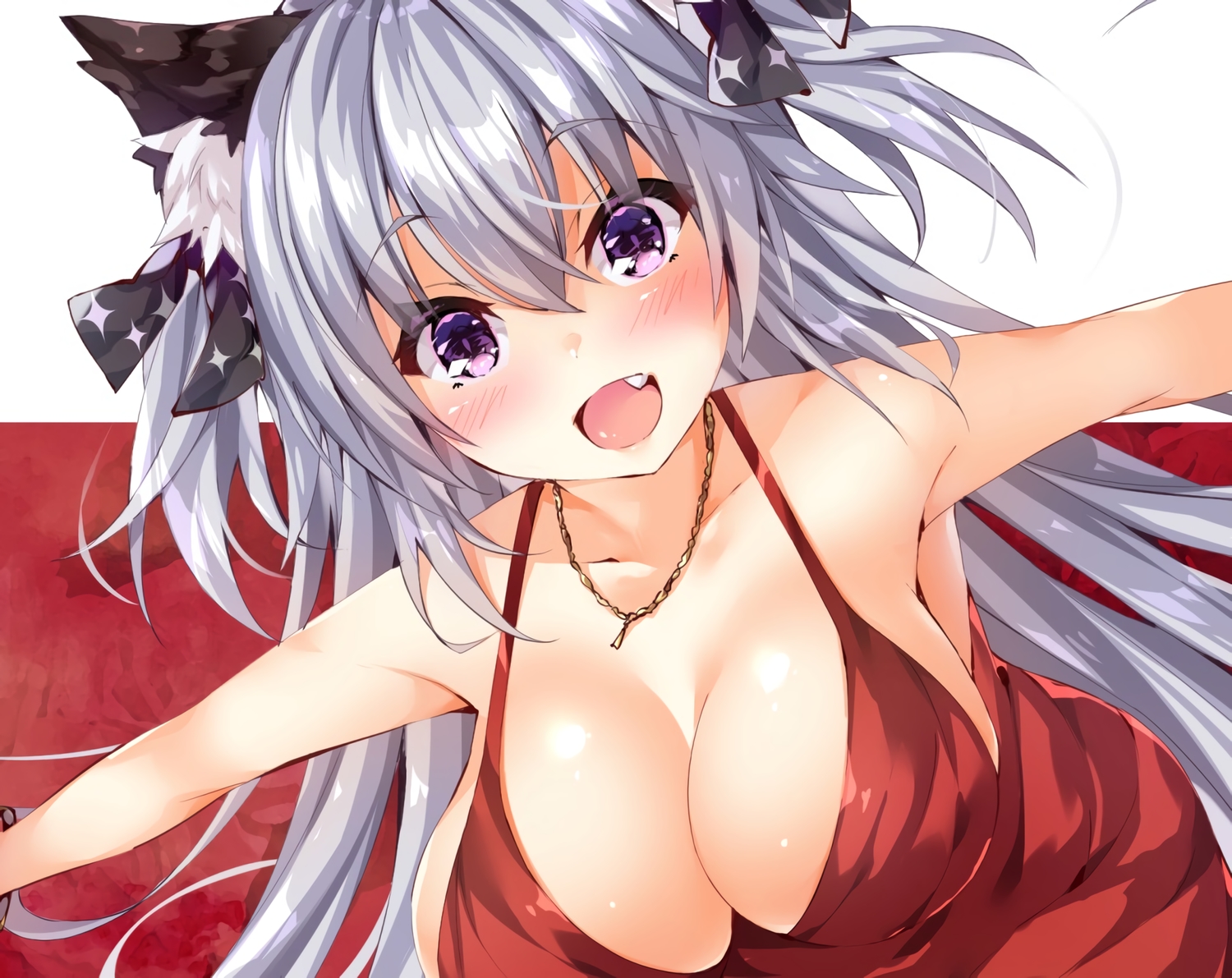 animal_ears, blush, breasts, catgirl, cleavage, close, cropped, dress