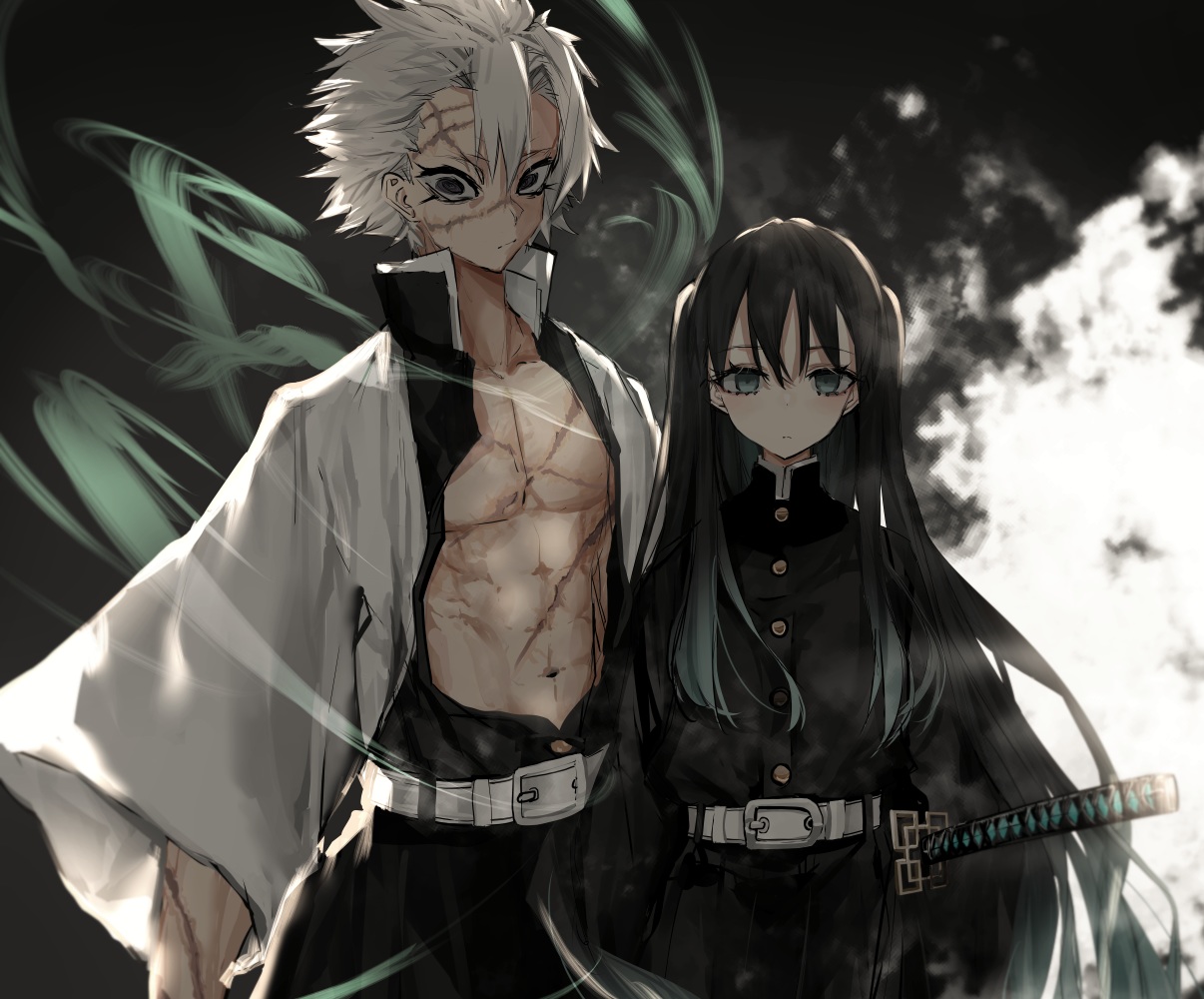 all_male, black_eyes, black_hair, cropped, gray_eyes, japanese_clothes, katana, kimetsu_no_yaiba