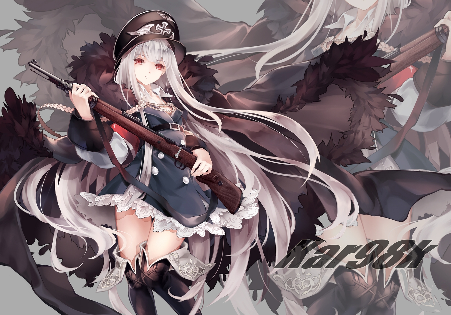 anthropomorphism, boots, dress, emurina, girls_frontline, gun, hat, kar98k_(girls_frontline), long_hair, red_eyes, thighhighs, uniform, weapon, white_hair, zettai_ryouiki, zoom_layer