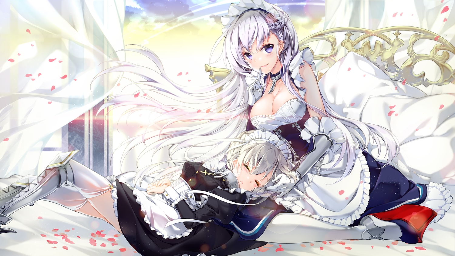 2girls, anthropomorphism, apron, armor, azur_lane, belfast_(azur_lane), braids, breasts, chain, cleavage, cross, dress, elbow_gloves, garter_belt, gloves, headdress, juna, long_hair, maid, petals, purple_eyes, sheffield_(azur_lane), stockings, thighhighs, white_hair