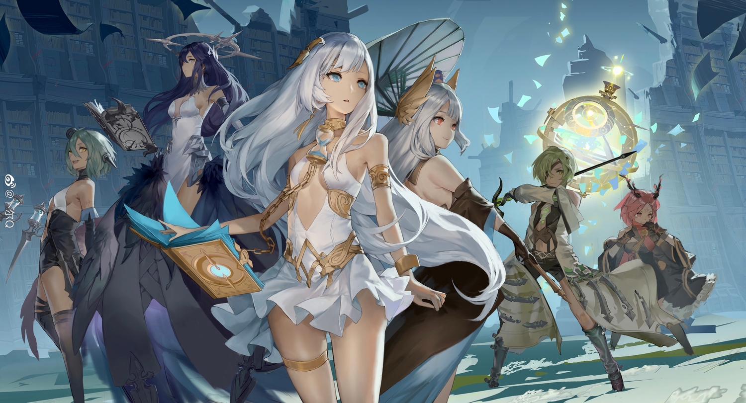 aqua_eyes, arena_(masterwork_apocalypse), beatrice_(masterwork_apocalypse), blue_hair, book, chain, charles_(masterwork_apocalypse), dress, frankenstein_(masterwork_apocalypse), green_hair, group, horns, long_hair, magic, male, masterwork_apocalypse, messikid, pink_hair, plum_blossom_(masterwork_apocalypse), red_eyes, short_hair, umbrella, watermark, weapon, white_hair, yellow_eyes, yunei_(masterwork_apocalypse)